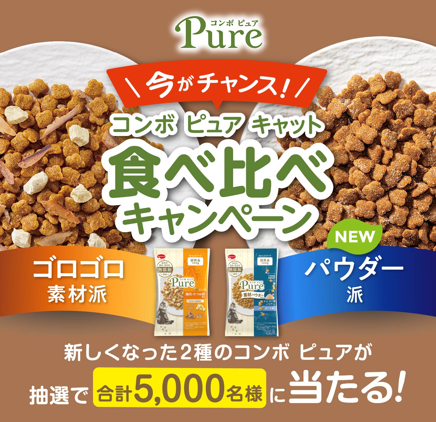 キャットフード無料食べ比べキャンペーン　新しくなった2種のコンボ ピュアが抽選で合計5,000名様に当たる！