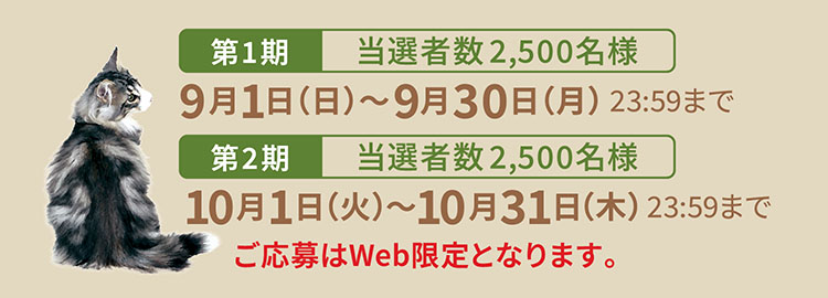 【第1期 当選者数2,500名様】9月1日（日）〜9月30日（月） 23:59まで【第2期 当選者数2,500名様】10月1日（火）〜10月31日（木） 23:59まで　ご応募はWeb限定となります。